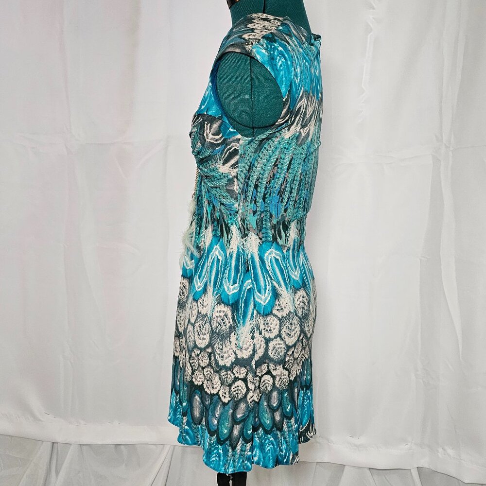 Sky Peacock Feather Print Bodycon Dress – Size M - Picture 3 of 8